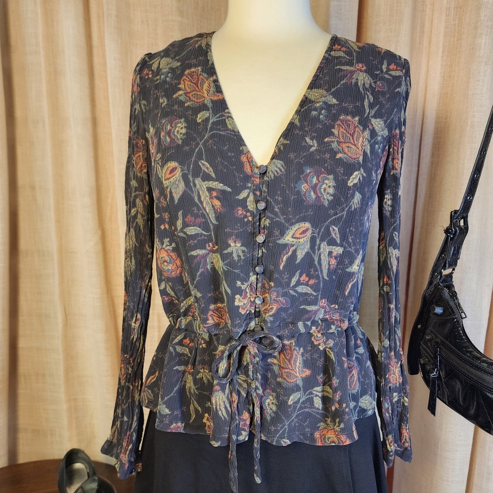 PAIGE 100% Silk Floral Blouse S Dark Botanical Tie Waist Boho Romantic